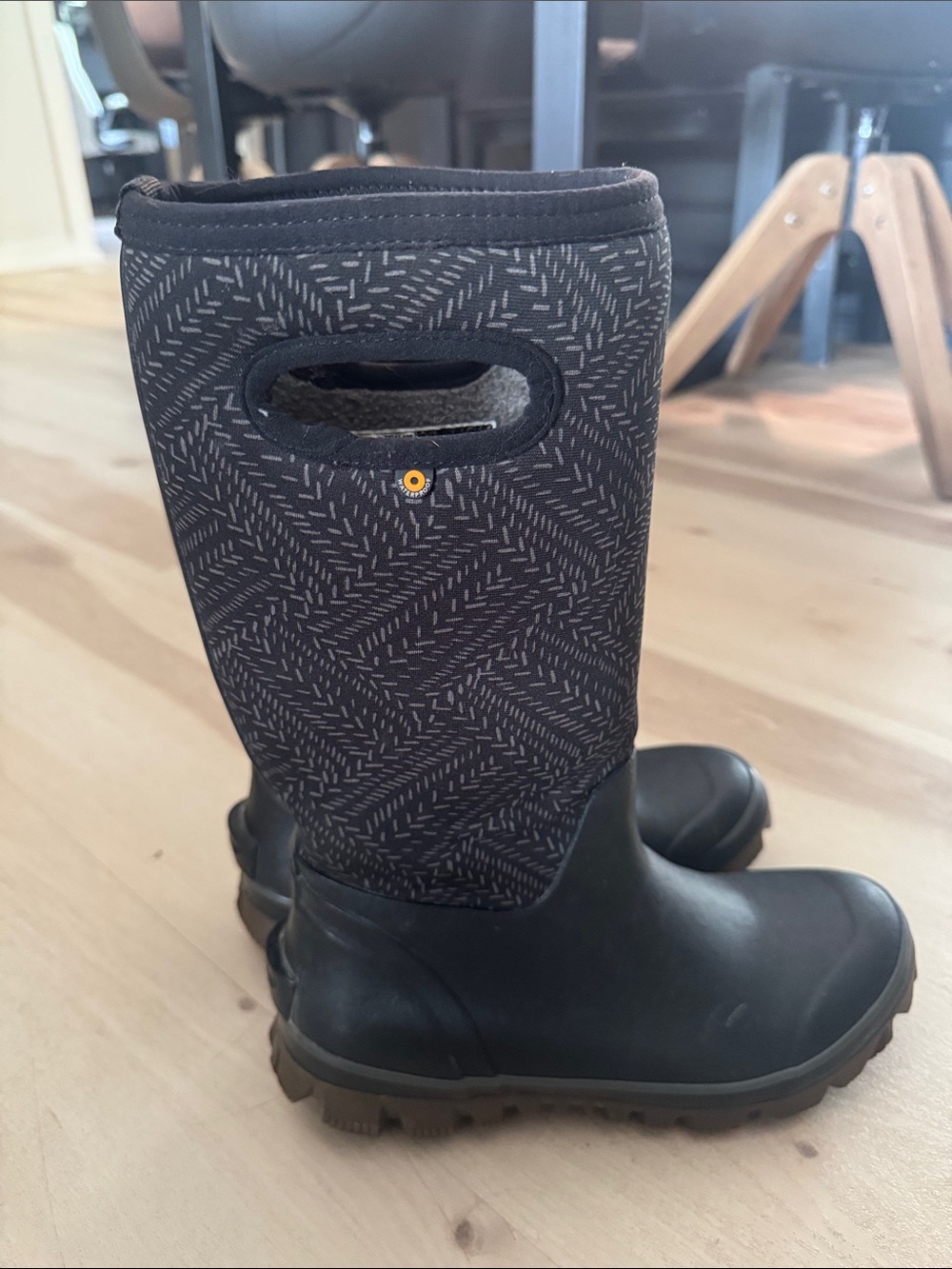 Bogs Black Patterned Mid-Calf Rain Boots with Brown Outsole